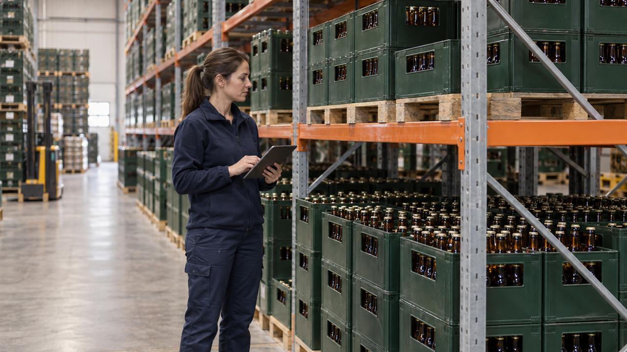 A warehouse worker with a tablet walks past pallet racking stacked several levels high with crates of bottled drinks.
