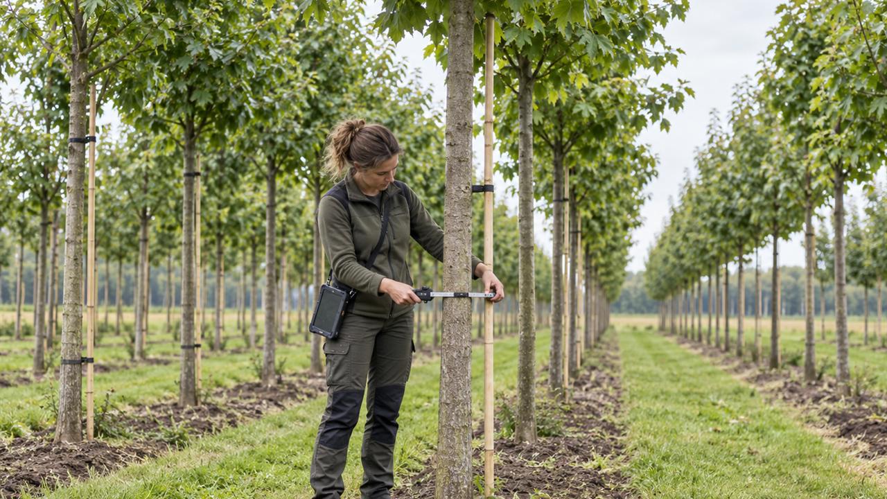 A worker measures the trunk diameter of an avenue tree with callipers in a nursery row.