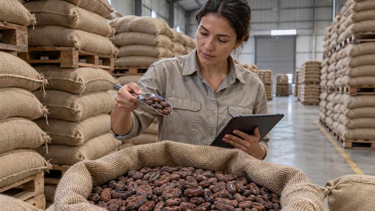 An inspector takes a scoop sample from an open jute sack of cocoa beans in a warehouse, recording it on a tablet, with stacked sacks on pallets behind her.