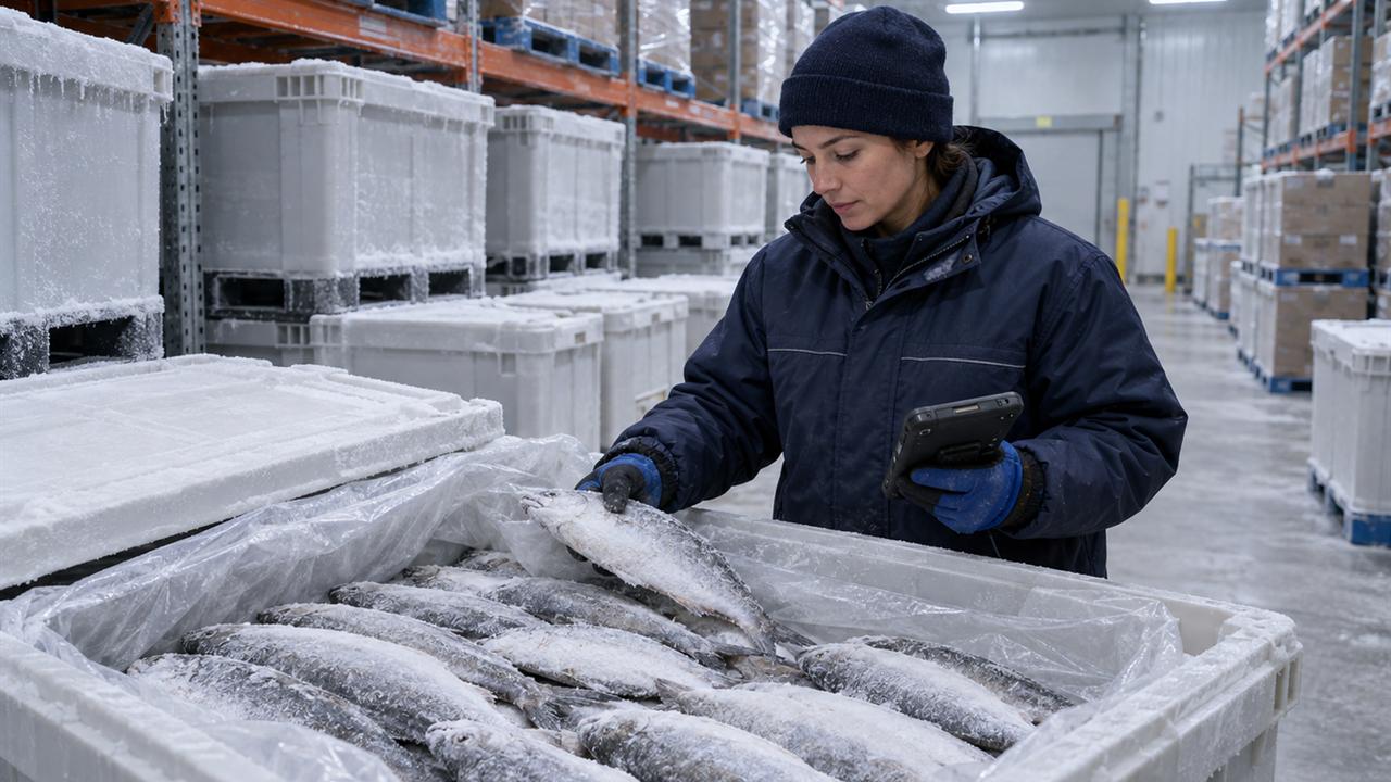 A worker in a parka and insulated gloves inspects frost-covered frozen fish in an insulated tote inside a cold store, holding a tablet.